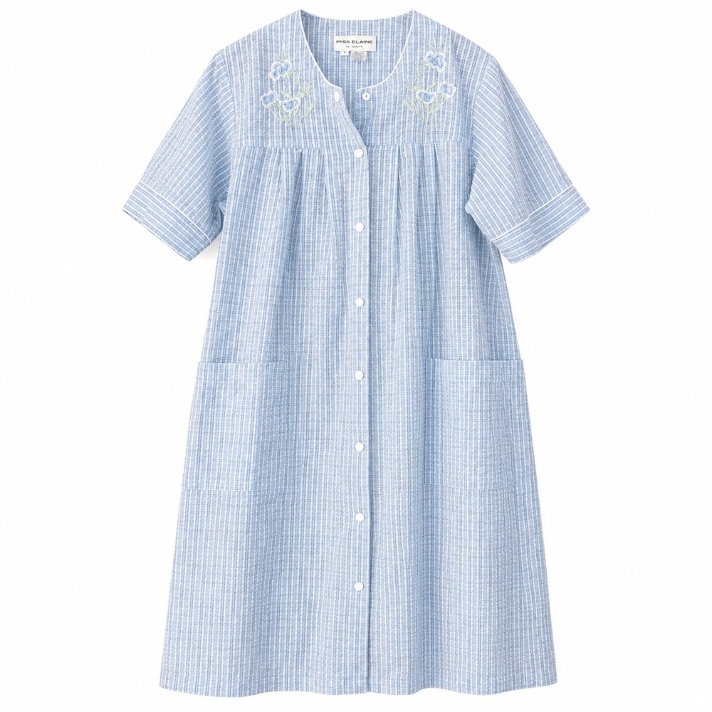 Miss Elaine Robe Housecoat Size M Blue Seersucker Snaps TradWife Modest Pockets